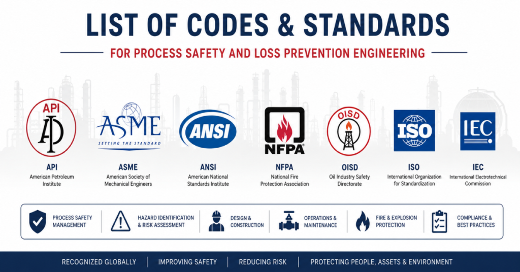 Infographic showing major global codes and standards used in process safety and loss prevention engineering, including API, ASME, ANSI, NFPA, OISD, ISO, and IEC standards with industrial refinery background and safety management icons.