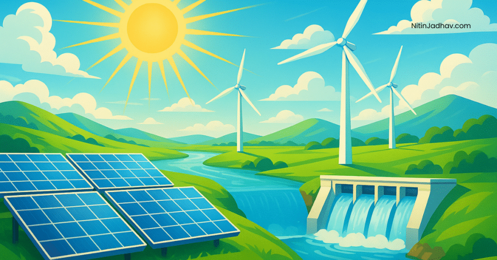Solar panels, wind turbines, and hydroelectric dam – green energy sources for a clean future