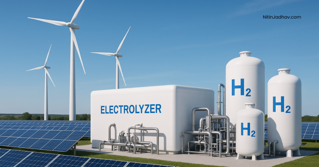 Green hydrogen plant using renewable energy sources like wind and solar for electrolysis