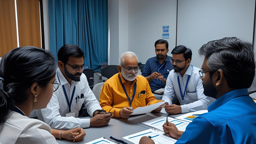Hazard identification workshop with engineers reviewing process flow diagrams and risk matrices