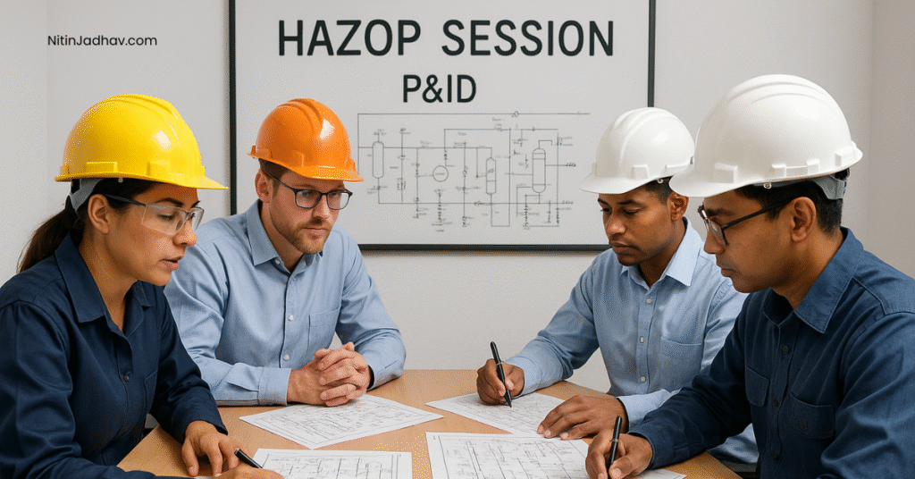 Engineers performing a HAZOP study using P&ID diagrams in a process safety meeting