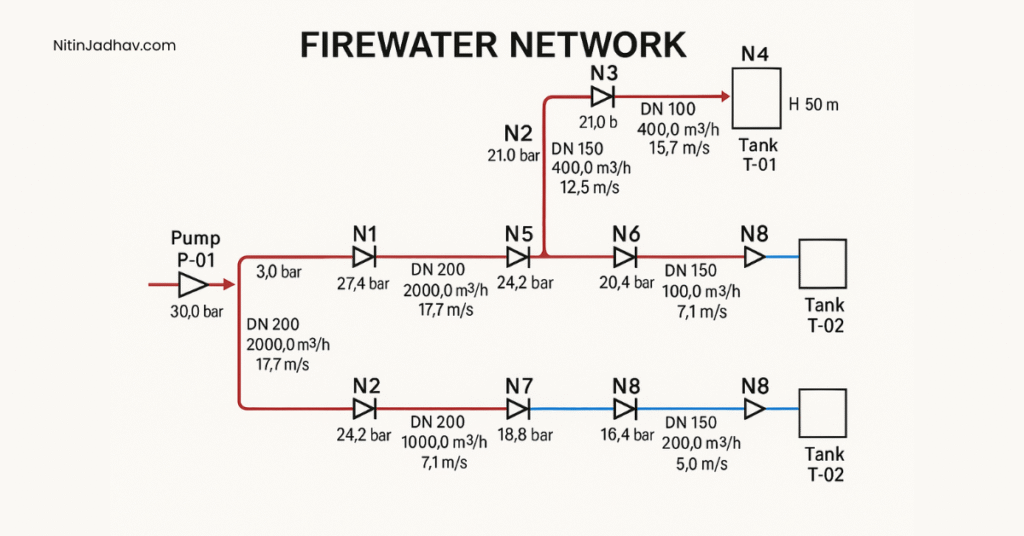 Firewater system model for hydraulic calculation using PIPENET software