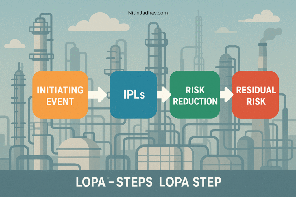 LOPA methodology visual showing protection layers and SIL linkage in process safety assessment