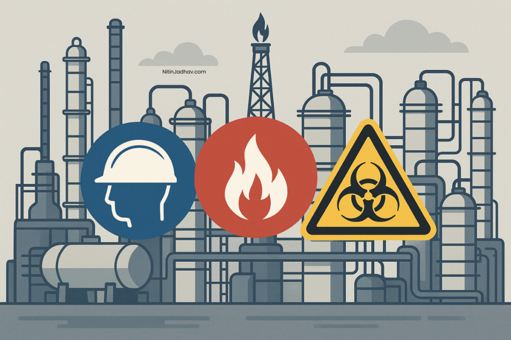 Engineer performing process safety assessment at oil & gas facility with hazard and risk indicators visible