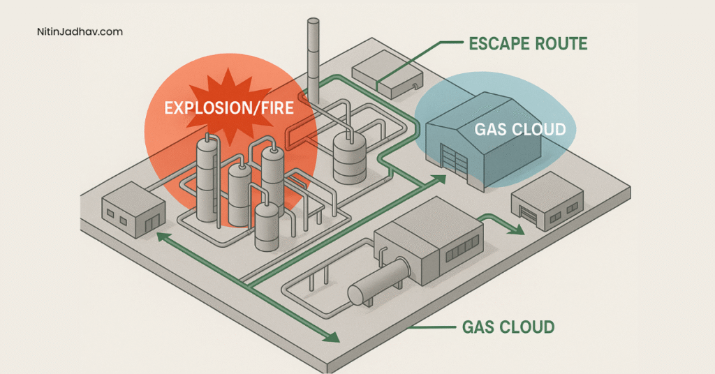 EERA route and hazard overlay showing emergency evacuation planning in a process plant