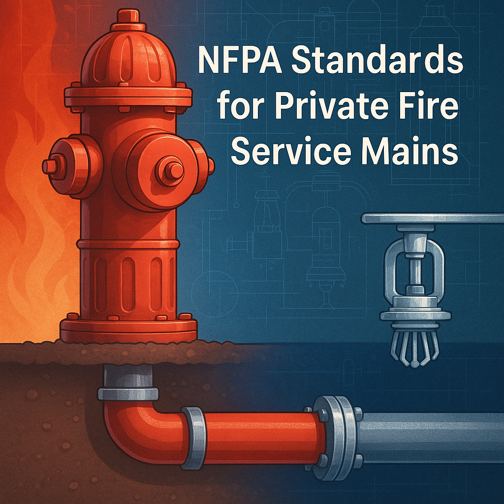 Illustration of NFPA-compliant private fire service mains with hydrants, sprinklers, and underground pipelines in blueprint style.