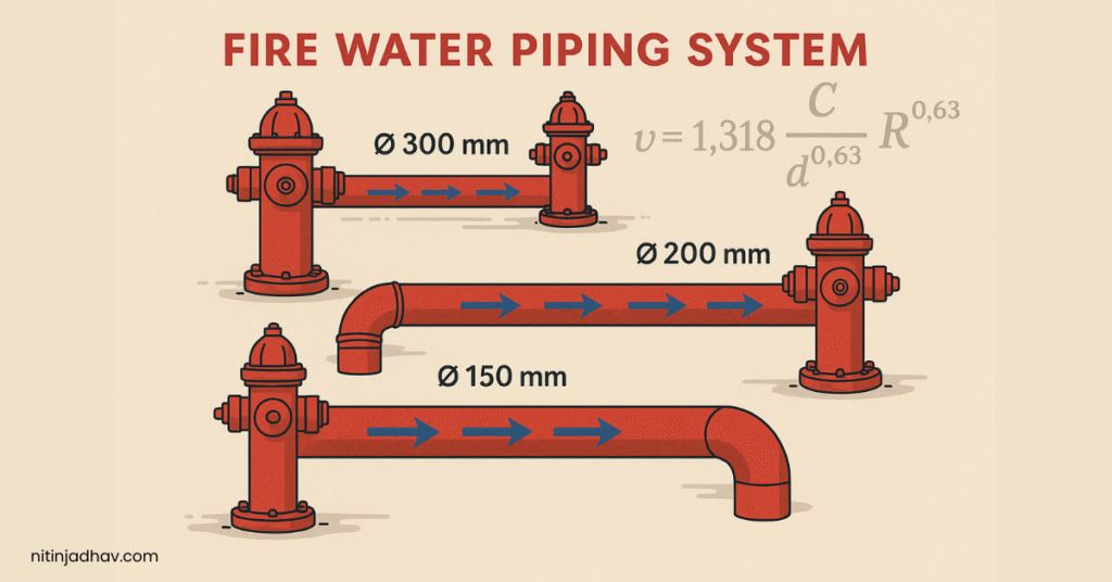 Illustration showing pipe size calculation in fire water protection systems with flow and velocity