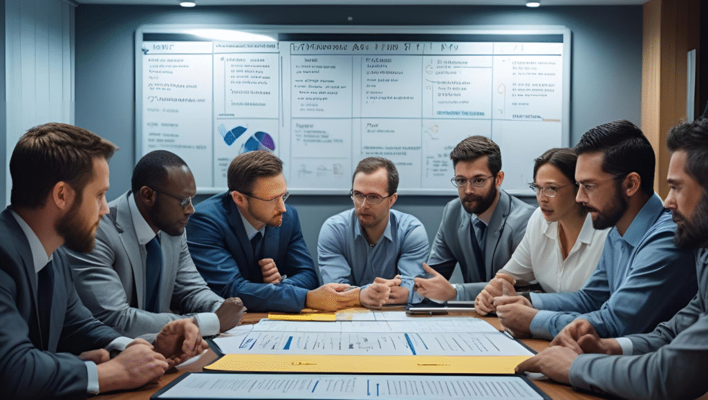 Team conducting Process Hazard Analysis session with process flow diagrams