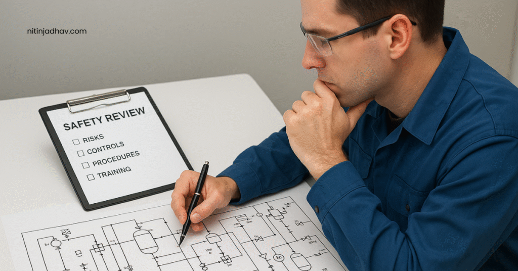 Engineer performing HAZOP and QRA safety study in a chemical plant