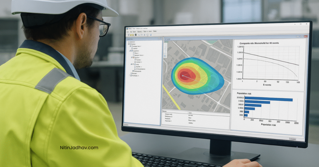 Engineer evaluating QRA risk contours and fatality zones in a process plant layout