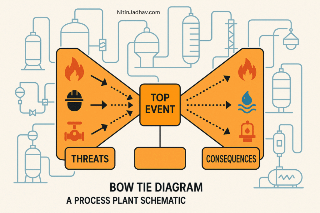 Bow Tie diagram showing threats, top event, prevention and mitigation barriers in a process facility