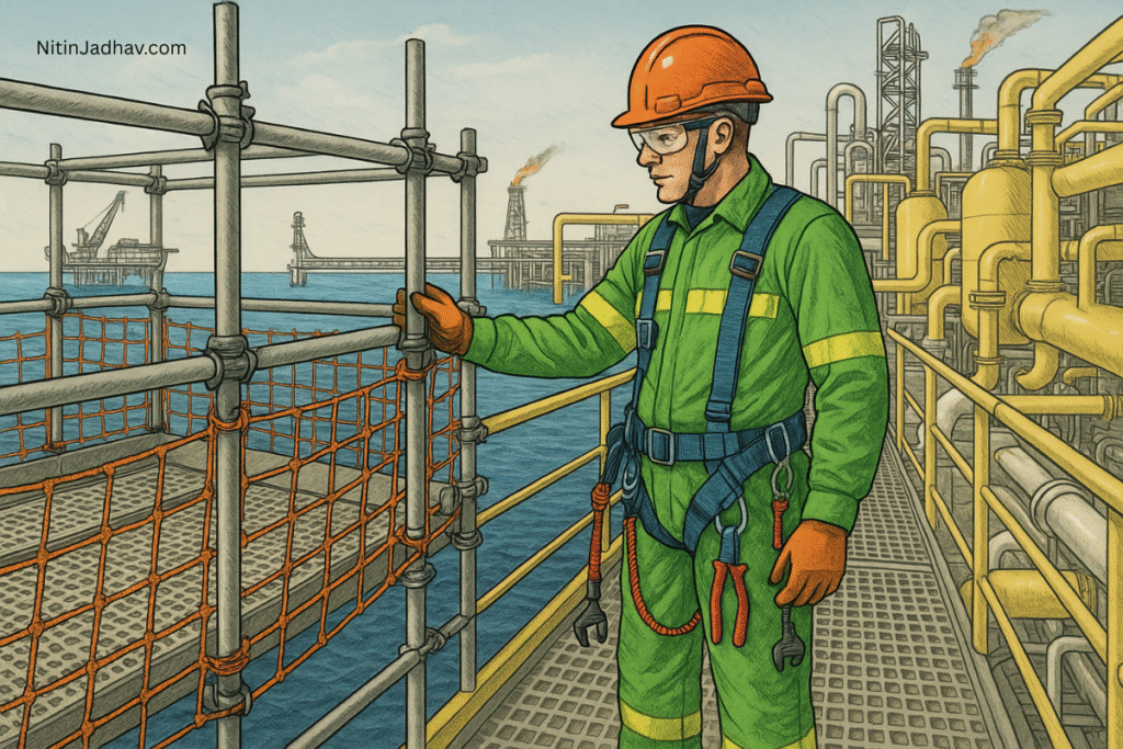 Safety officer inspecting tethered tools to prevent dropped objects in an industrial zone
