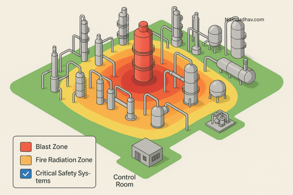 3D model of a process plant showing emergency systems and hazard zones used in ESSA