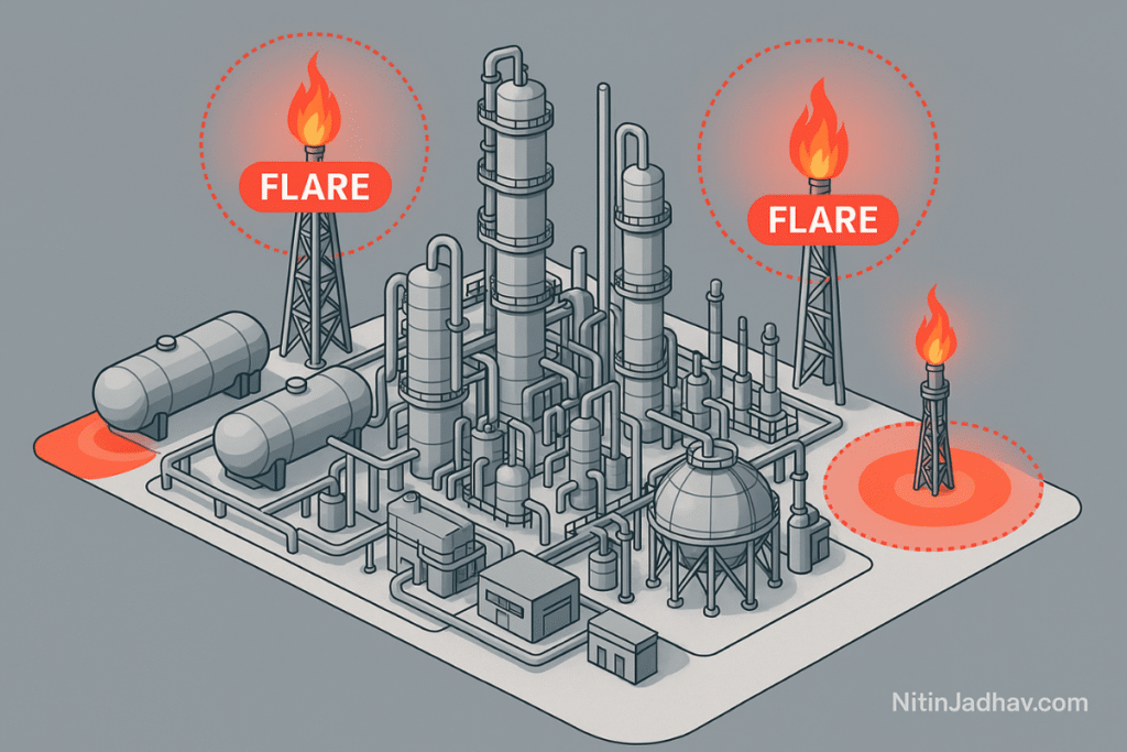 Flare radiation and vent dispersion modeling layout of oil and gas facility