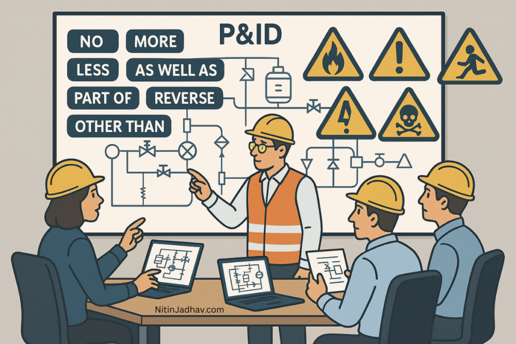 Process safety team conducting HAZOP study using guidewords and P&ID schematics