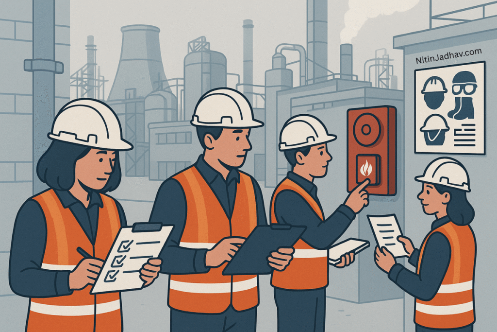 Safety officer conducting audit at an oil and gas facility using a checklist