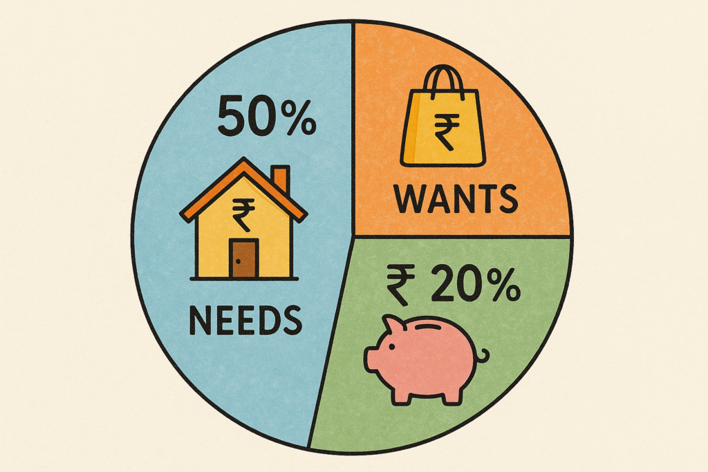 Illustration of the 50-30-20 budget rule with Indian rupee symbols for needs, wants, and savings categories.
