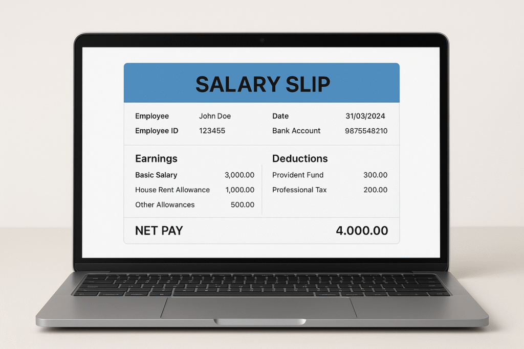 Digital Indian salary slip breakdown showing earnings and deductions for 2025