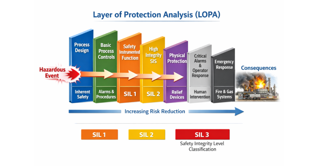 Layer of Protection Analysis diagram showing process safety layers and SIL classification in industrial systems