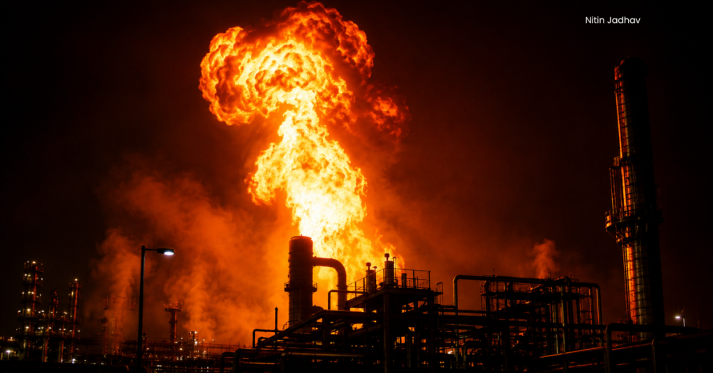 Large industrial fireball and jet fire at a petrochemical plant — illustrating major fire and explosion scenarios in process safety