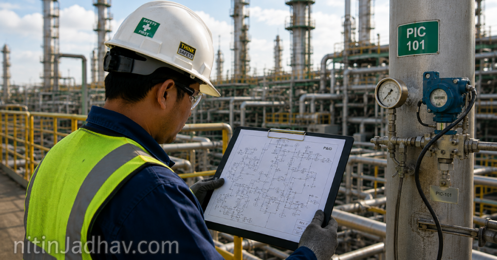 Safety engineer in PPE reviewing process safety documentation at an industrial chemical plant — Major Accident Hazard assessment
